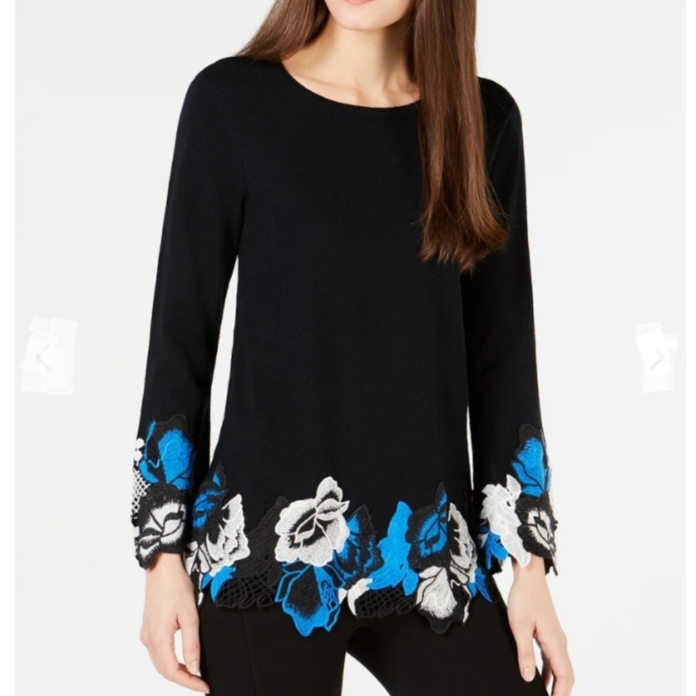 Alfani Black Tunic with Blue and White Floral Lace Hem - US Womens Medium